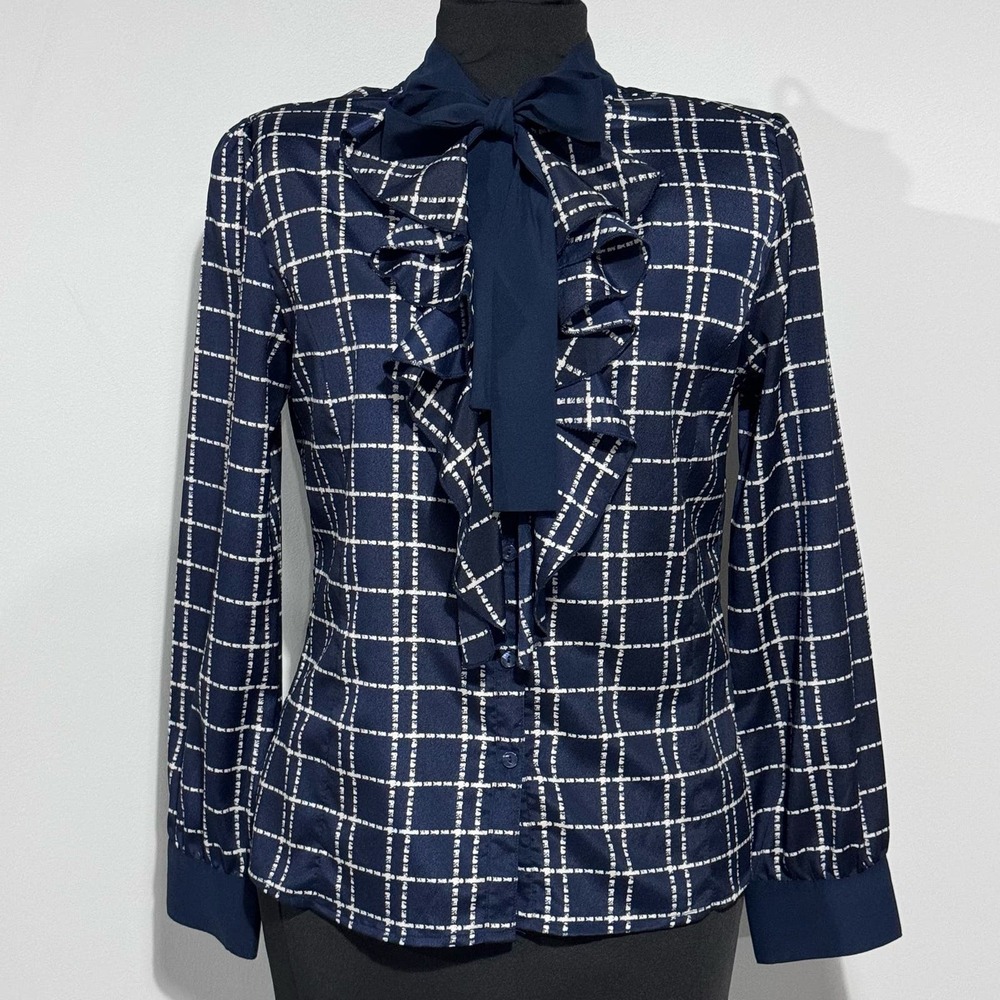 Navy & White Plaid Pattern Ruffle Flounce Blouse, size Medium